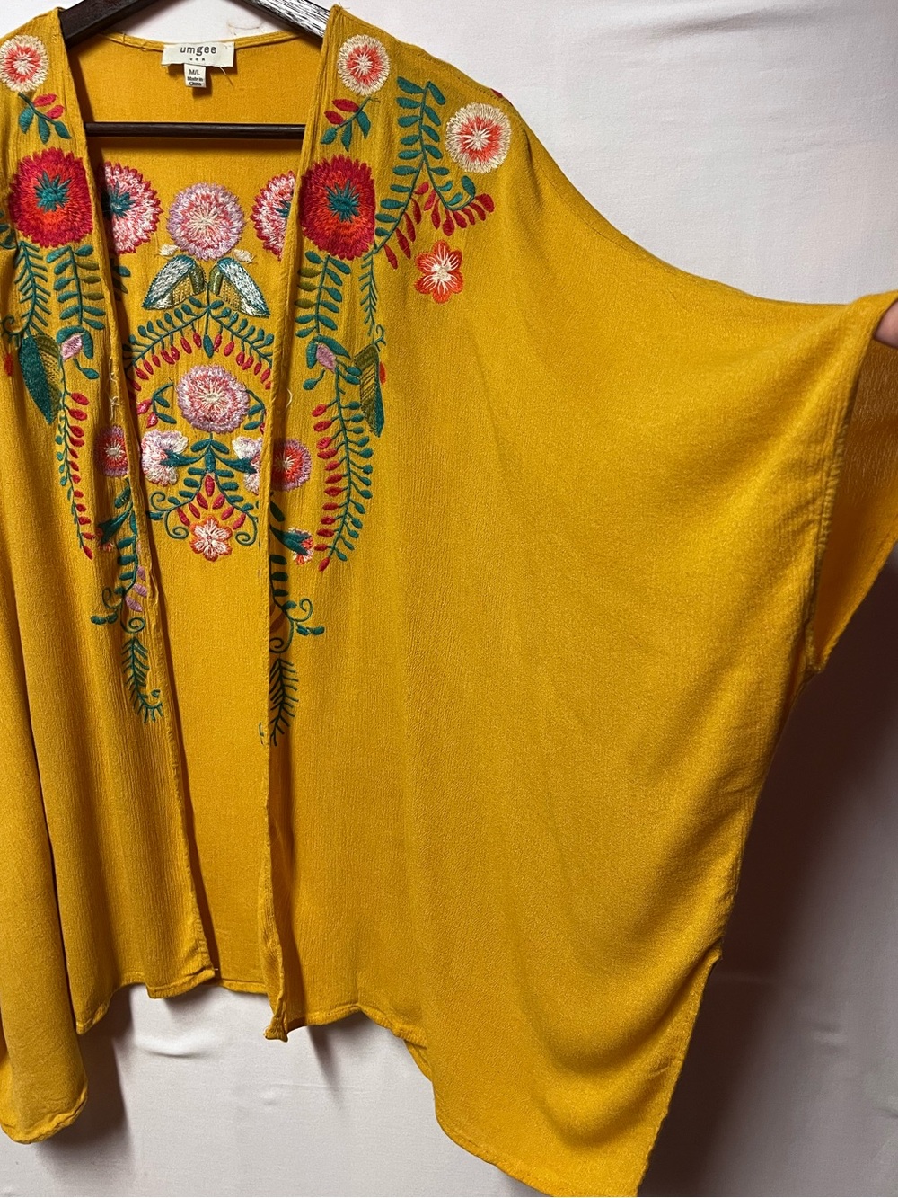 Umgee Mustard Yellow Floral Embroidered Kimono Cardigan M/L Oversized Boho Artsy - Picture 6 of 16